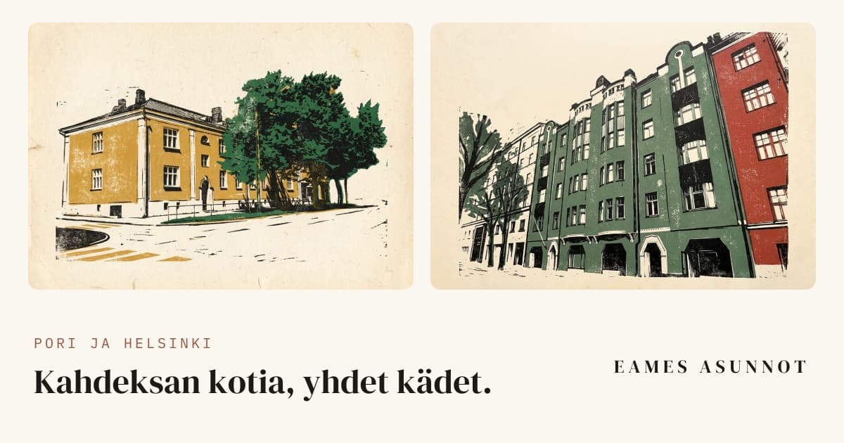 Linocut-style prints of two apartment buildings in Pori and Helsinki