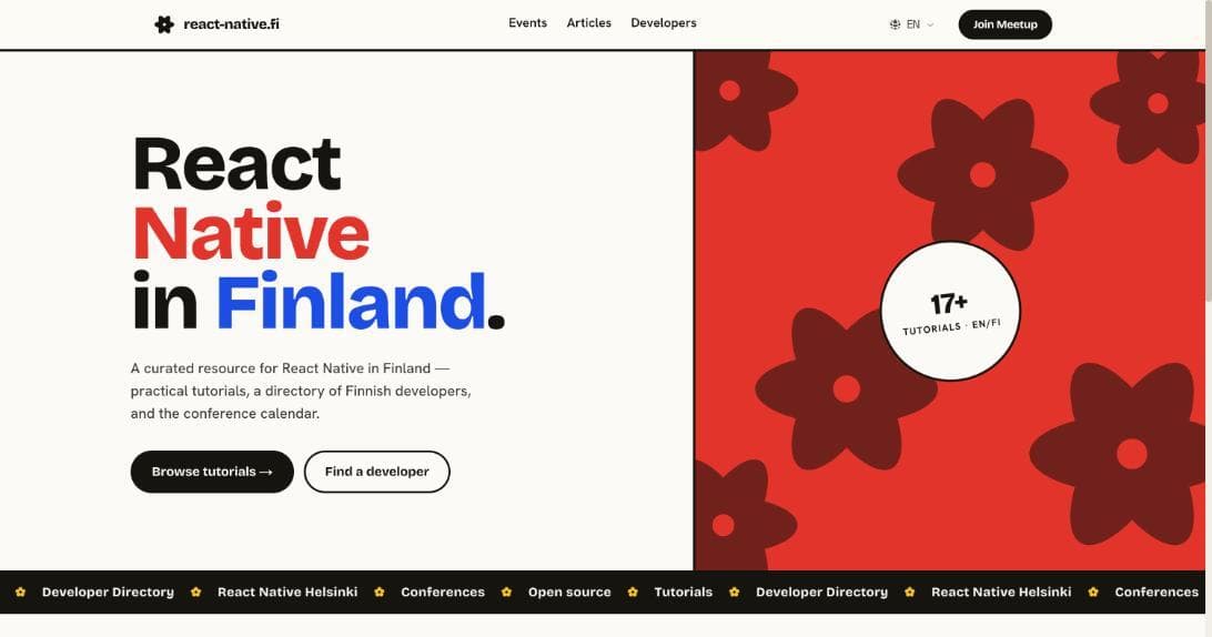 React Native Finland homepage with a red flower pattern