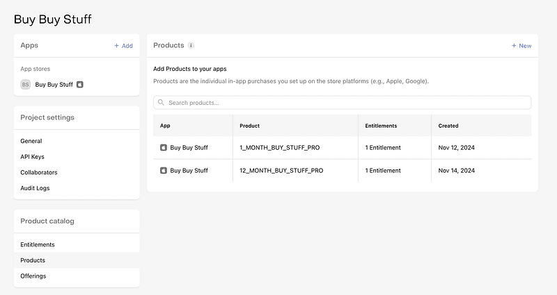 Example products in Revenuecat