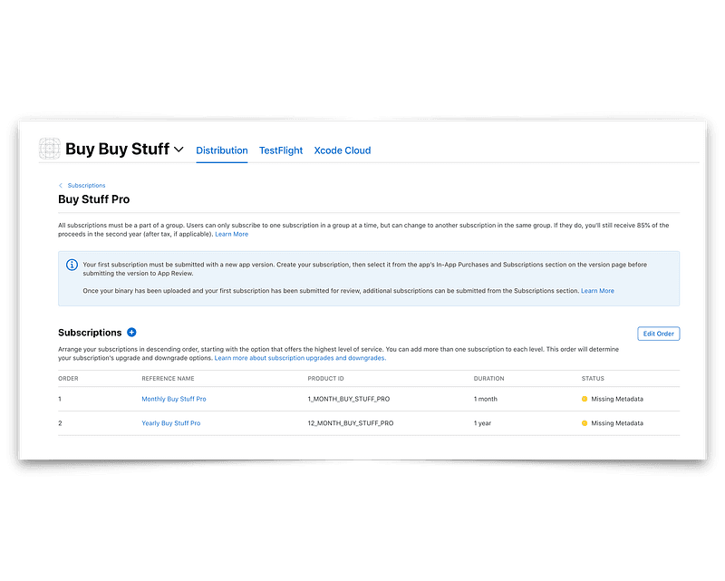 You should end up with something similar to this once. Missing metadata means that you still have to fill in things, although the subscriptions should already show up in sandbox testing.